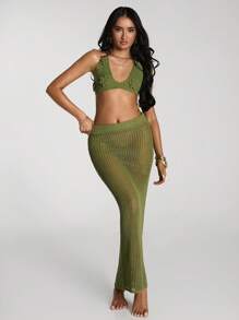SHEIN BAE Solid Color 3D Floral Decor Halter Backless Sweater Vest And Long Sheer Skirt Suit - Green - View 3