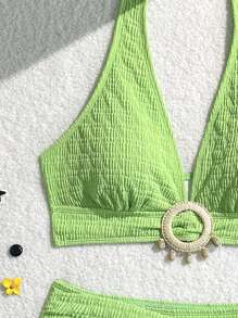 Swim Vcay Bộ đồ bơi bikini 2 mảnh gợi cảm buộc dây màu trơn cho nữ, đi biển mùa hè - Màu xanh Ô liu - Xem 5