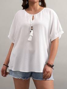 SHEIN VCAY 大码蝙蝠袖系带流苏衬衫夏季沙滩装度假女士复活节春季女士圣帕特里克复活节狂欢节优雅休闲西部可爱波西米亚乡村老钱教师早午餐女士热带度假女士伊比沙岛 - 白色 - 查看 3