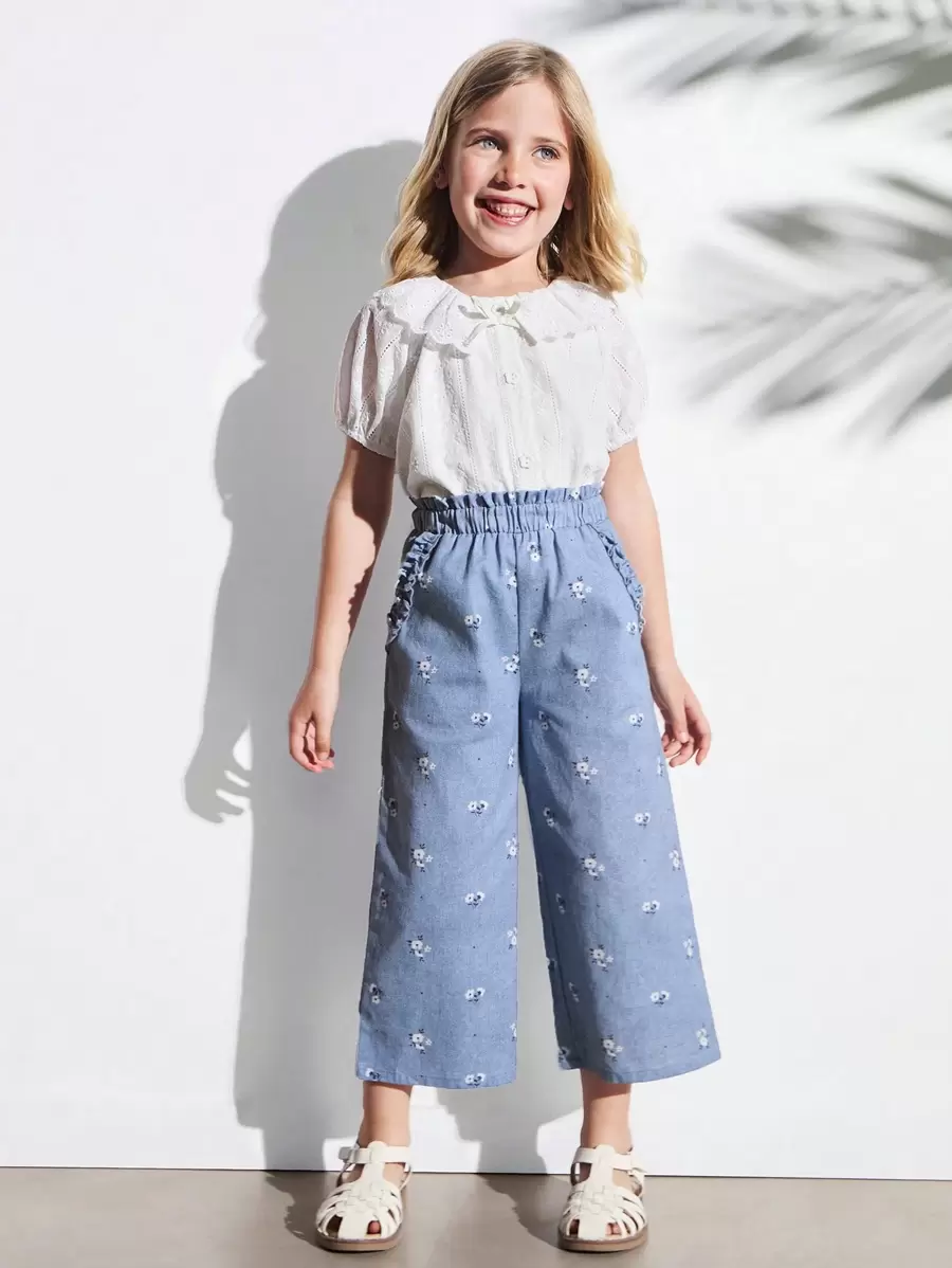 SHEIN Young Girls Ruffled Elastic Waist Floral Print Wide Leg Loose ...