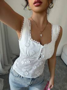 Selianne 女士优雅别致办公室休闲舒适度假无袖收腰后半襟荷叶边刺绣面料纯色衬衫