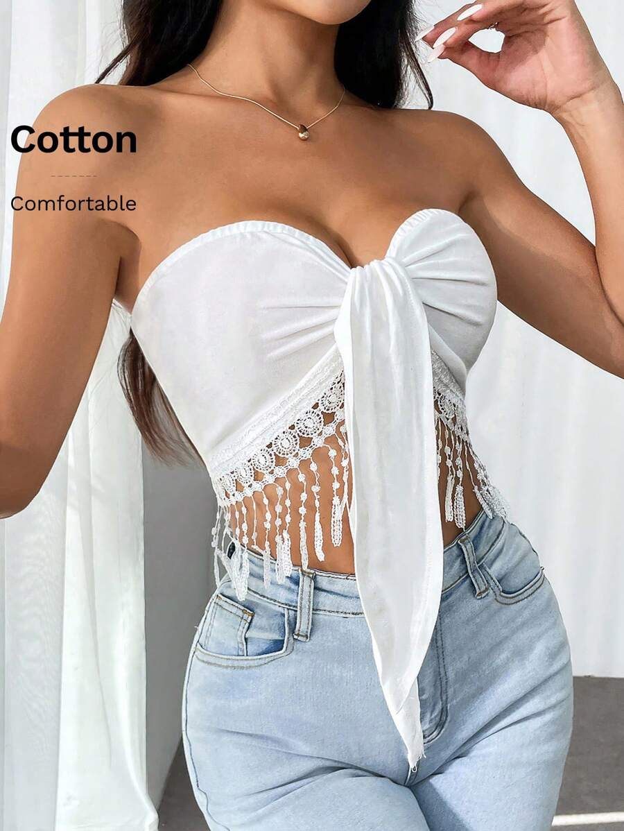 Firerie Áo sơ mi buộc dây kiểu ống đơn giản hàng ngày màu trơn dành cho nữ - trắng - Xem 1