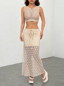 SHEIN PETITE Women's Holiday Knitted Imitation Crochet Vest Slit Skirt Suit, Music Festival, Music Festival Wear, Bohemian - Khaki - View 8