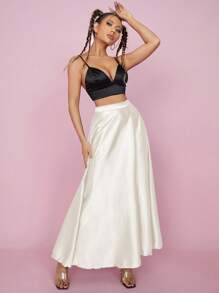 SHEIN PETITE High Waist Solid Flared Party Women Skirt - Beige - View 4