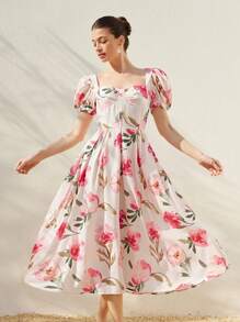Aveloria Rosie Vestido midi de manga abullonada con lazo en la cintura y estampado floral romántico para mujer, estilo cortesano, adecuado para vacaciones de primavera/verano