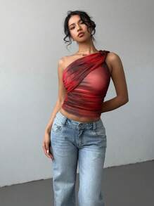 Aloruh Women's Elegant Sexy Tie Dye Print Mesh Rouched Tie-Front Cropped Top, Sleeveless Y2K Clothing Cold Shoulder Top - Red - View 3