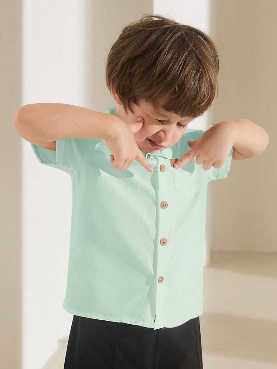 SHEIN Leap Crew Young Boy Plain Color Single-Breasted Casual Fashion Shirt - Mint Green - View 1