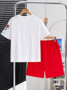 SHEIN Tween Boys Sporty 2 Pieces Set Slogan Graphic Colorful Graffiti Round Neck Short Sleeve T-Shirt And Shorts