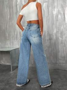RueChic WOMEN WIDE LEG LOW WAIST JEANS HEM LACE DETAIL - Light Wash - View 2