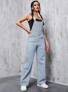 SHEIN ICON 女士宽松阔腿口袋连体裤，休闲百搭 - 藍白色 - 查看 4