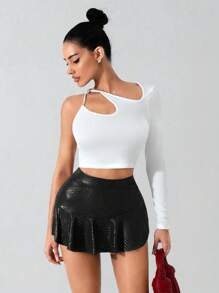 Zolique New Wine Red Textured Leather-Like Fabric Mini Skirt For Women