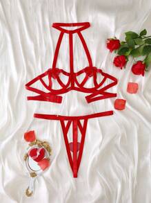 Set de 2 piezas de lencería para mujer con diseño de corazón brillante para el Día de San Valentín - Rojo - Ver 2