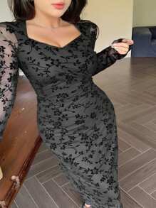 Dazy Petite Plus Plus Size Flocked Print & Mesh Splice Wrap Elegant Long Dress, Black, Spring/Fall 90s Clothes Floral Long Sleeve Dress - Black - View 9