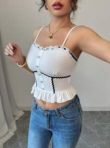 Selianne Women Vacation Casual Ruffle Trim Pearl Button Camisole Top With Slim Fit Ruffle Hem, Black - White - View 7