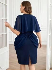 Ellevyn Vestido midi de línea A con cuello en V, de talla grande, elegante, de lunares, con parches de malla y cintura ceñida, de manga corta