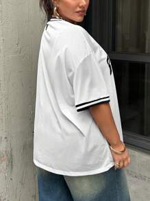 SHEIN EZwear Plus Letter Graphic Striped Trim Drop Shoulder Mesh Tee, Summer - White - View 2