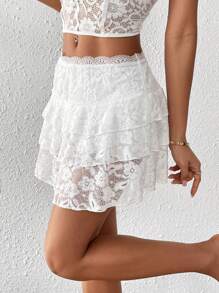 Chiquease Women's Elegant Solid Color Lace Cake Skirt - White - View 5