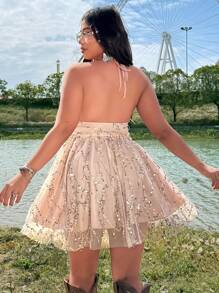 Flirla Plus Size Women Apricot V-Neck Glitter Sheer Mesh Party Dress, Festival/Boho/Hippie/Cowgirl/Old Money Style, Summer Evening Gown