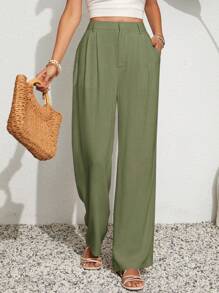 SHEIN VCAY Women's Solid Color Pleated Wide Leg Loose Casual Pants, Versatile