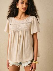 Poéselle 波西米亚风度假宽松衬衫，带蕾丝装饰，亚麻混纺乡村风格，夏季衬衫，短袖，舒适面料 - 杏色 - 查看 6