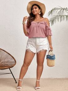 SHEIN VCAY Áo cánh rộng rãi màu trơn viền bèo nhún buộc bèo nhún phía trước cho nữ cỡ lớn - Màu Hồng  San hô - Xem 3