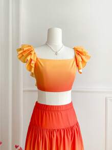 SHEIN VCAY Conjunto de top corto con cuello cuadrado, espalda descubierta, mangas con volantes y falda larga en estilo degradado - Amarillo - Ver 3