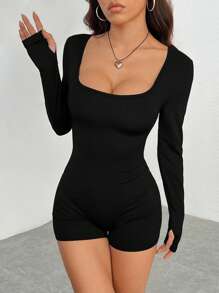 SHEIN PETITE Black Knitted Square Neck Tight Casual Sports Yoga Jumpsuit - Black - View 5