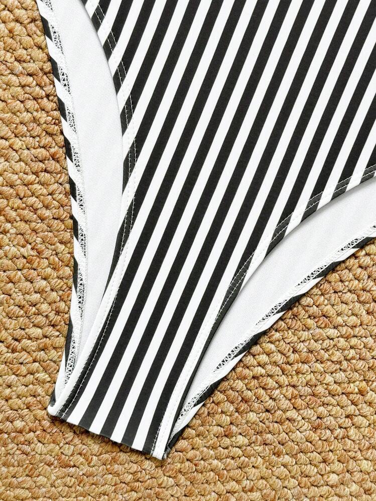 Swim SPRTY New Summer Women Sleeveless Backless Criss Cross Strap Striped Print Casual Sports One Piece Swimsuit - Black and White - View 4