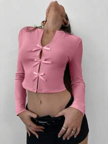 Aloruh V-Neck Hollow Out Bowknot Short T-Shirt In Solid Color