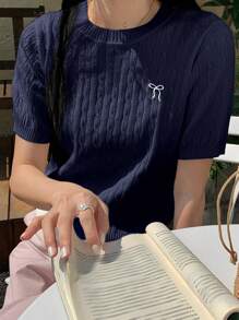 DAZY Women Casual Bow Embroidery Short Sleeve Knit Top - Blue - View 2