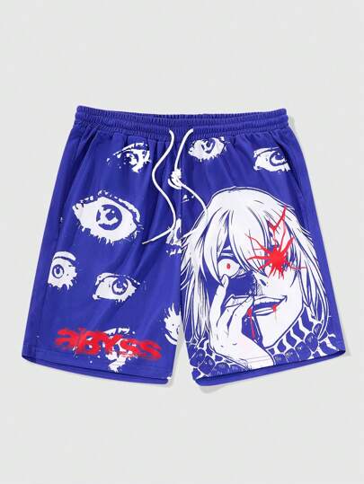 Men's Anime Casual Cross Design Shorts, Everyday Wear