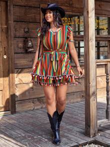 SHEIN LUNE Plus Size Women's Western Vacation Style Music Festival Retro Print Patchwork Tassel Hem Jumpsuit - Multicolor - View 4