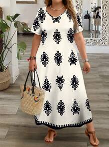 EMERY ROSE Versatile Casual Retro Floral Printed Loose Plus Size Women V-Neck Short Sleeve Dress, Suitable For Summer Suitable For Going Out Chic Dress,Flower/Vacation/Spring - Black and White - View 3