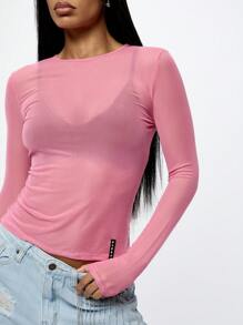 SUMWON WOMEN 长袖网眼透视短款上衣修身俱乐部服装节日时尚 Y2K 俱乐部派对透明垃圾摇滚风格分层必备单品 - 粉色 - 查看 5