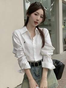 DAZY 女式秋季马图案落肩长袖单排扣休闲宽松衬衫，秋季女装 - 白色 - 查看 5