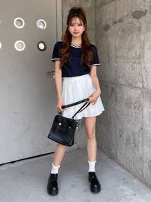 DAZY Camiseta De Cuello Redondo Con Ribete De Contraste - Azul Marino - Ver 6