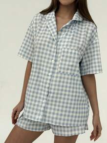 Aloruh Set de 2 piezas de shorts y camisa de manga corta a juego con estampado a cuadros, cómodos para el hogar