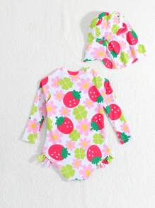 SHEIN Baby Girls' One-Piece Swimsuit With Random Prints And Ruffles (Includes Swimming Cap) - Multicolor - View 4