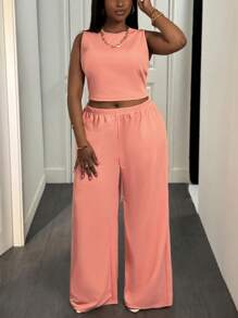 Slaydiva 2pcs Plus Size Women Solid Crew Neck Camisole And Wide Leg Pants Knit Casual Set - Orange - View 6