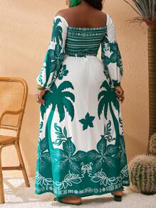 Slaydiva Plus Size Fitted Printed Long Sleeve Crossover Top, Spring Resort - Green - View 2