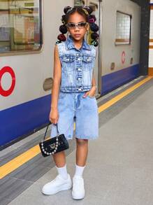 SHEIN Tweens Girls' Y2K Elegant Light Washed Faux Pearl Decor Blue Denim Sleeveless Denim Vest Casual Jeans Top,Girls Summer Beach Boho Holiday Outfits,Concert Rave Festival Graduation Outfits