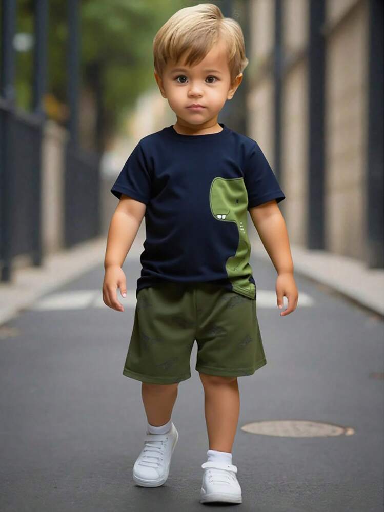 SHEIN Young Boy Cartoon Dinosaur Tee With Track Shorts Boys Dinosaur Clothespocket Baby Boys Setsdinosaur Clothesdinosaur Outfit - Multicolor - View 1