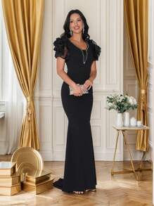SHEIN Belle 3D Floral High Slit V-Neck Short Sleeve Rhinestone Embellished Solid Color Cocktail Dress, Wedding Guest Dress Music Festival Spring/Summer, Party Dress, Formal Dress, Evening Dress,Gown - Black - View 4