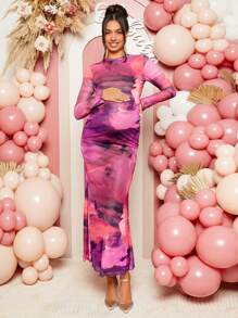 Loomaby Maternity Elegant Party Tie-Dye Print Ruched Form-Fitting Dress