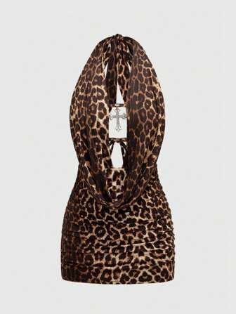 Grunge Punk Sexy Leoparden Muster Kreuzanhänger Neckholder Rückenfrei Minikleid