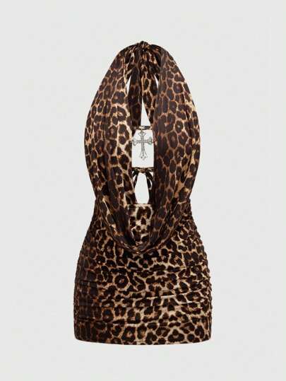 Grunge Punk Vestido mini con espalda descubierta, colgante cruzado y estampado de leopardo sexy
