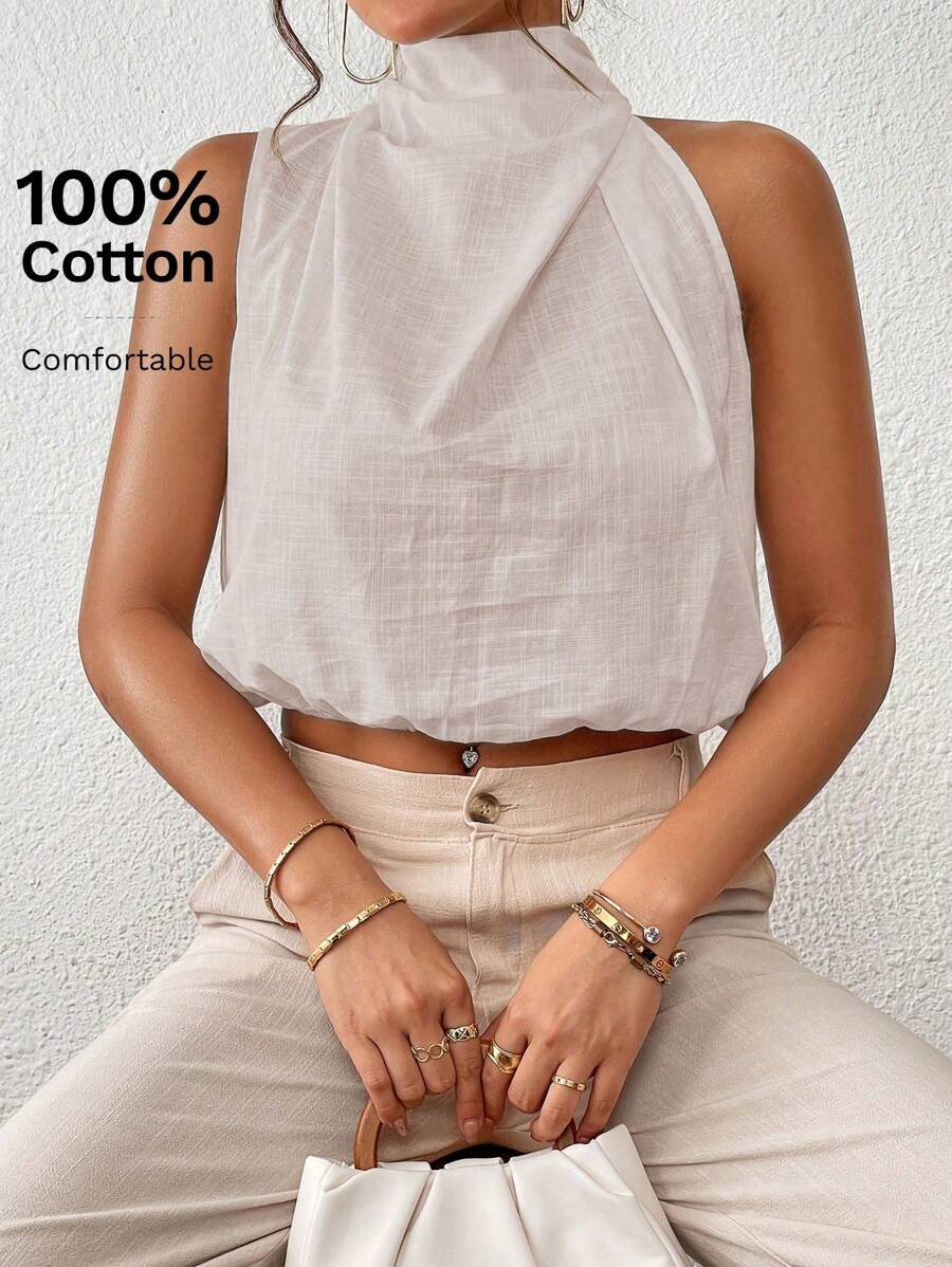 Firerie Solid Keyhole Back Halter Neck Crop Blouse,Sleeveless Tops - Beige - View 1