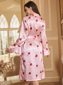 Women's Heart Print V-Neck Flared Sleeve Robe With Belt - Multicolor - View 2