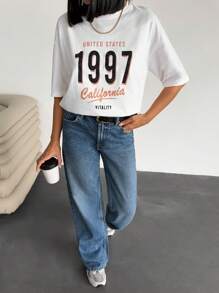 EURMUSE 女士字母图案短袖 T 恤正面印有文字外出 - 奶油色 - 查看 6