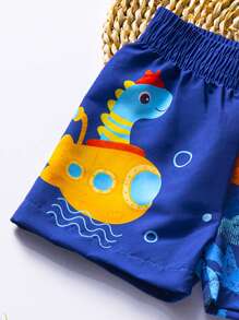 Baby Boy Cute Cartoon Dinosaur Print Elastic Waist Drawstring Swim Trunks, Suitable For Swimming, Camping, Outdoor And Water Sports,Baby Boys Beach Shorts - Blue - View 4